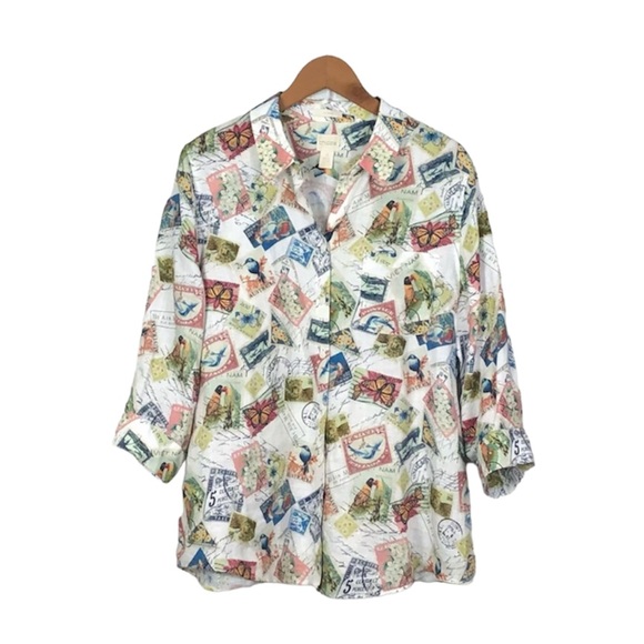 Chico's Tops - Chico’s Linen Button Front Shirt 3 Floral Bird Butterfly Postage Stamp Print
